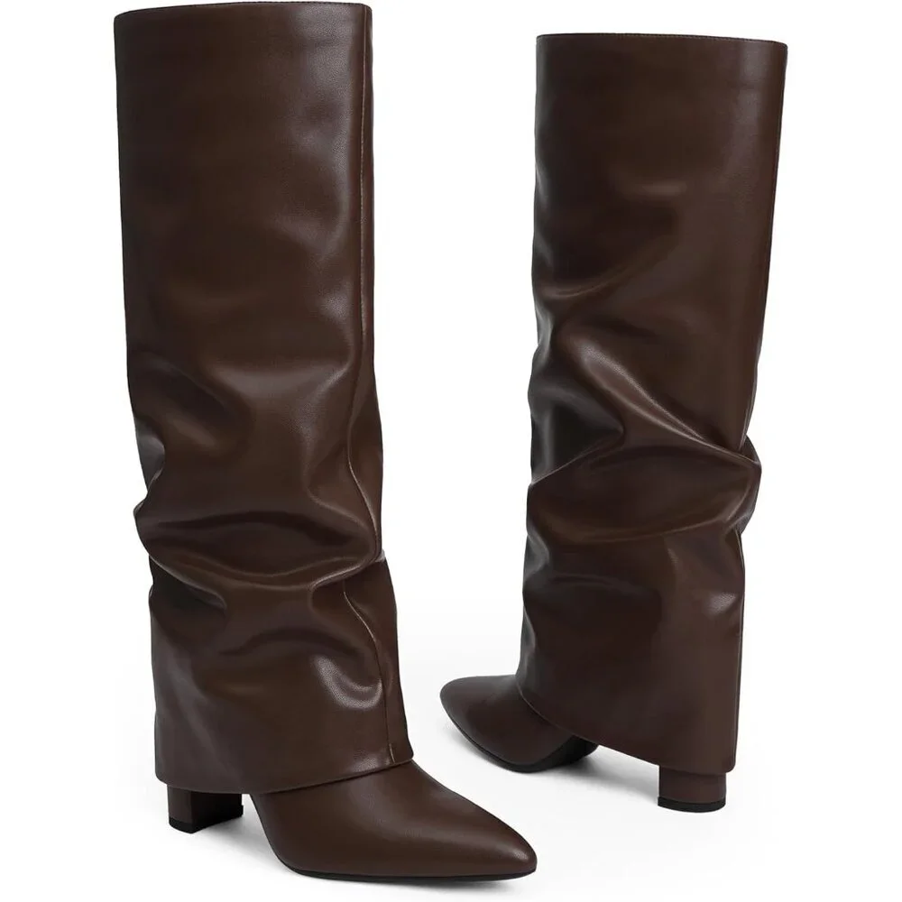Women Chocolate Faux Leather Fold Over Knee High Chunky High Heels Long Boot